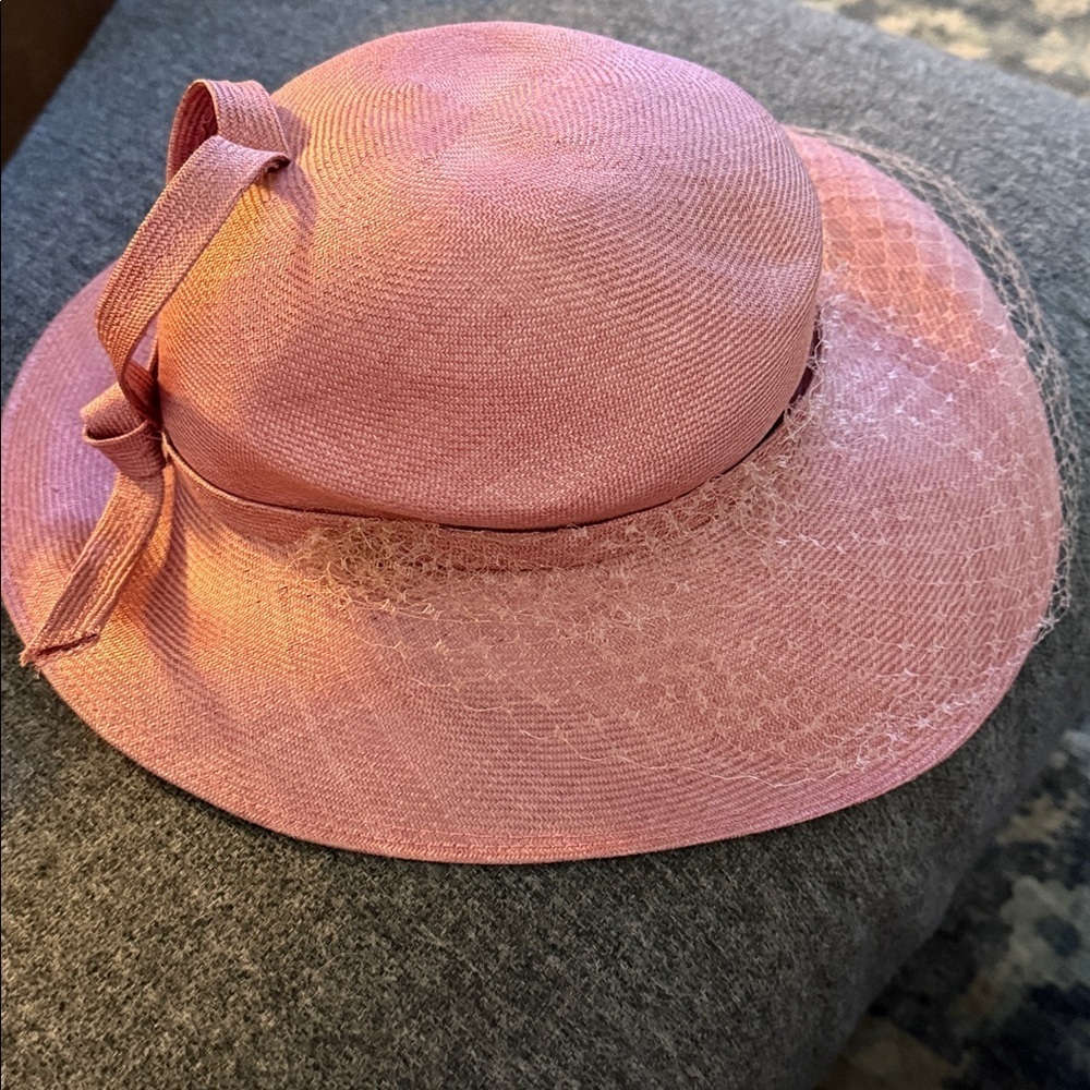 Vintage Lilly Daché DEBS Pink Wide-Brim hat with netting. 21” circumference